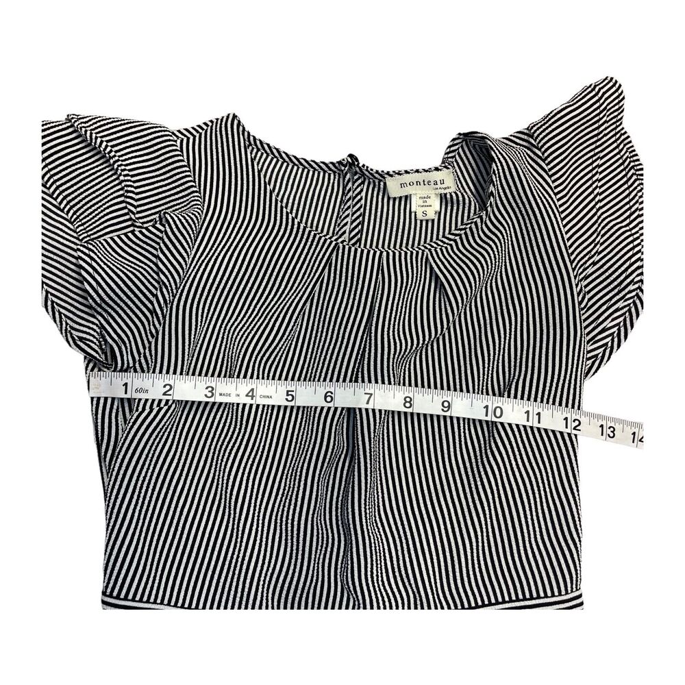 Monteau Blouse Top Girls Small Black White Striped Stretch Flutter Short Sleeve - Picture 4 of 7